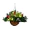16" Artificial Pine & Berry Warm White LED Pre-Lit Hanging Basket